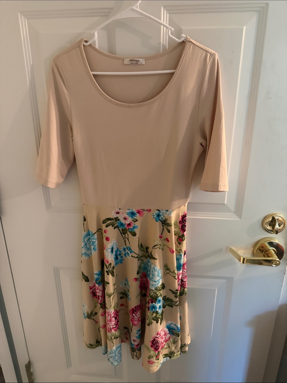 Beige Floral Midi Dress with Scoop Neck